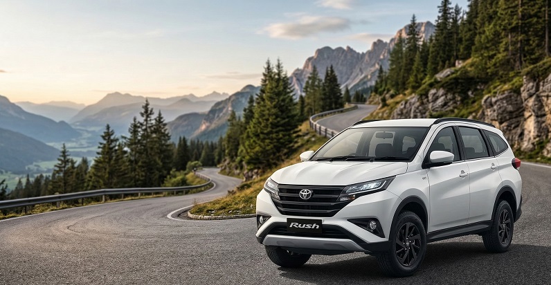 Eksterior depan Toyota Rush 2026 varian GR Sport warna putih yang menampilkan desain grill dan lampu LED modern.