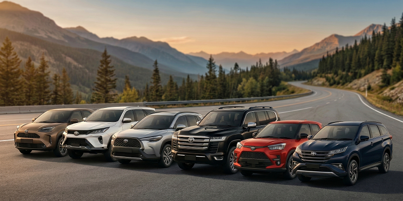 Koleksi lengkap mobil SUV Toyota terbaru 2026 mulai dari Raize, Yaris Cross, Corolla Cross, Rush, Fortuner, hingga Land Cruiser dengan desain premium dan gagah untuk segala medan