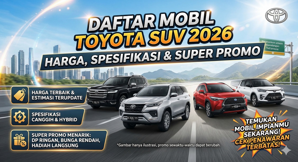 Daftar mobil Toyota SUV 2026 terbaru termasuk Fortuner, Raize, dan Rush dengan informasi harga, spesifikasi, dan promo kredit.
