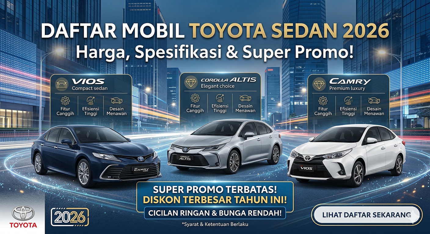 Daftar lini Toyota Sedan 2026 terbaru mulai dari All New Vios, Corolla Altis, hingga Camry dengan promo DP ringan.