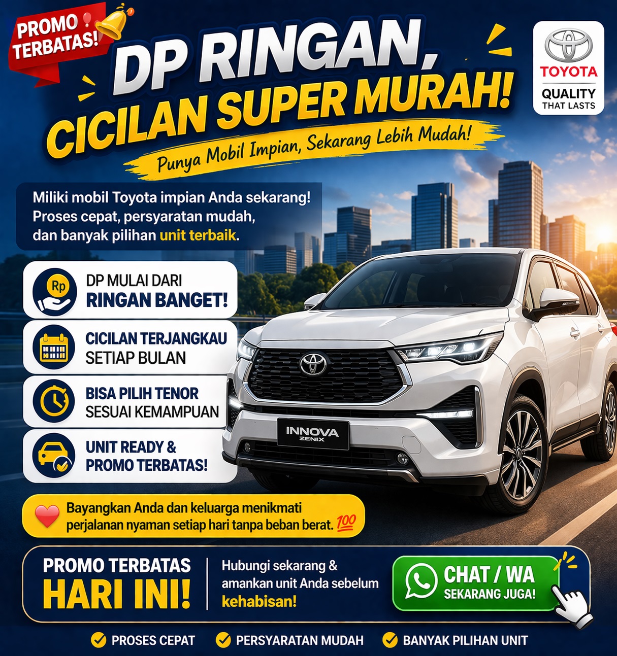 Banner promo Toyota terbaru 2026 di Jakarta dengan penawaran diskon besar, paket DP ringan, dan bunga kredit spesial.