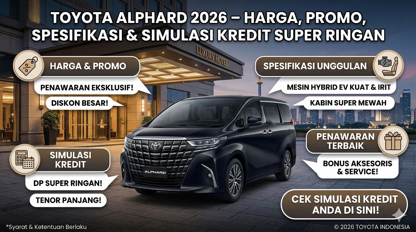 Tampilan mewah Toyota Alphard 2026 terbaru. Cek promo harga, spesifikasi lengkap, dan simulasi kredit super ringan.