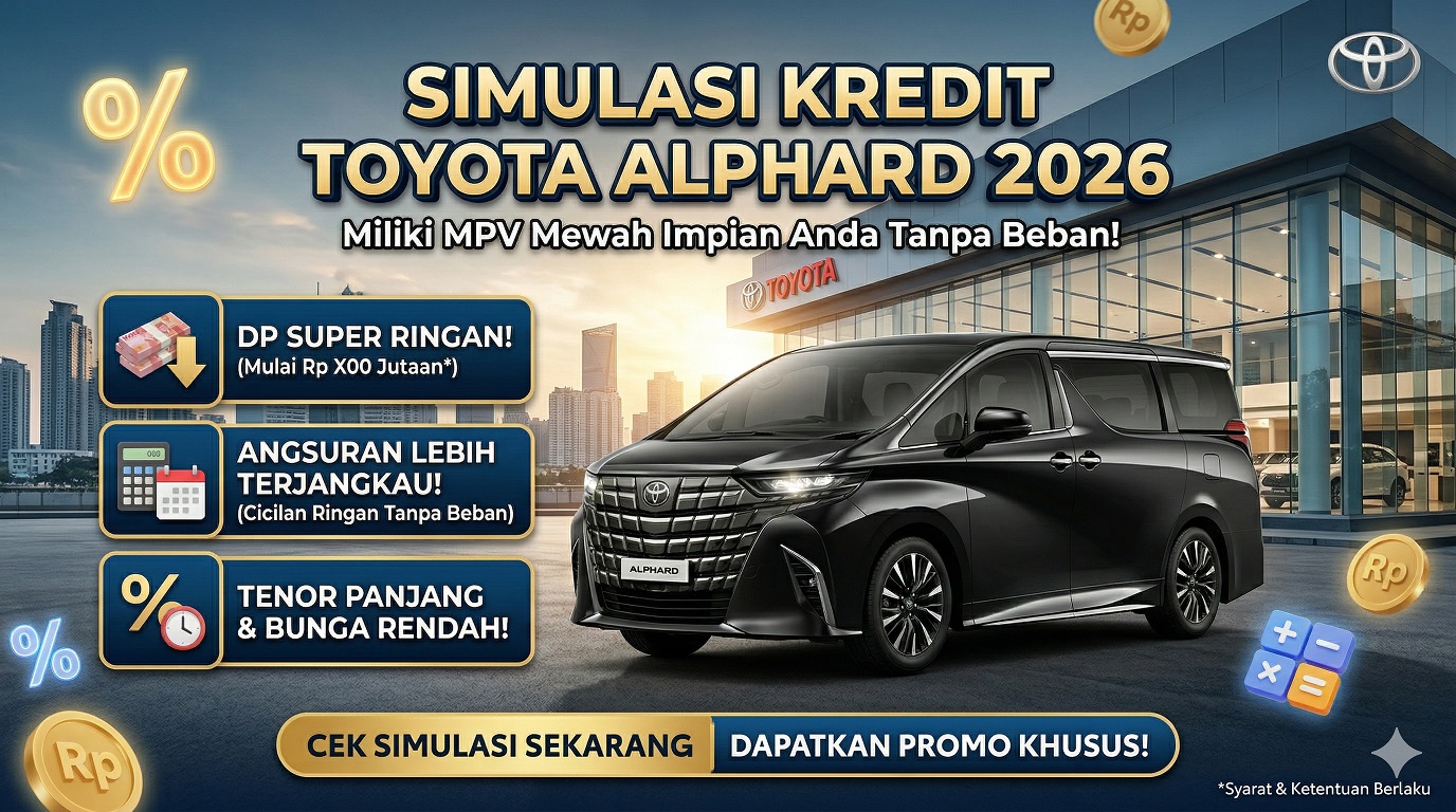 Tabel Toyota Alphard simulasi kredit 2026 terbaru, menampilkan pilihan DP super ringan dan angsuran lebih terjangkau.