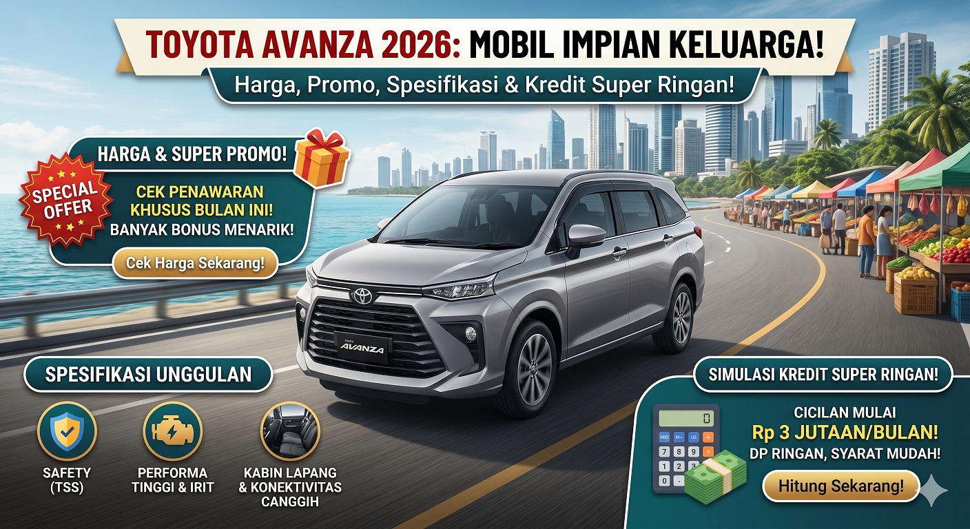 Info lengkap Toyota Avanza 2026. Temukan daftar harga, spesifikasi, super promo, dan simulasi kredit super ringan.
