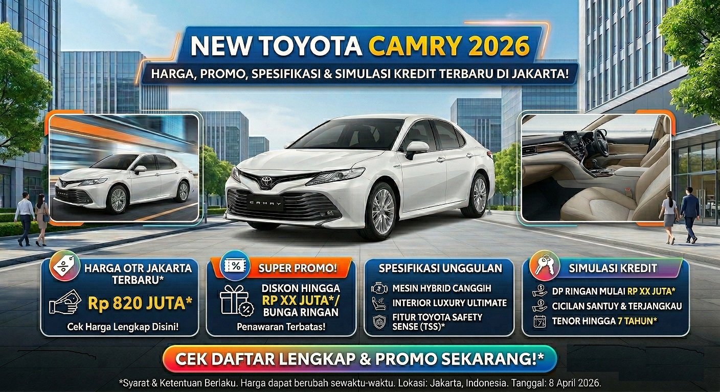 Tampilan elegan sedan Toyota Camry 2026. Cek spesifikasi lengkap, harga terbaru, dan promo kredit.