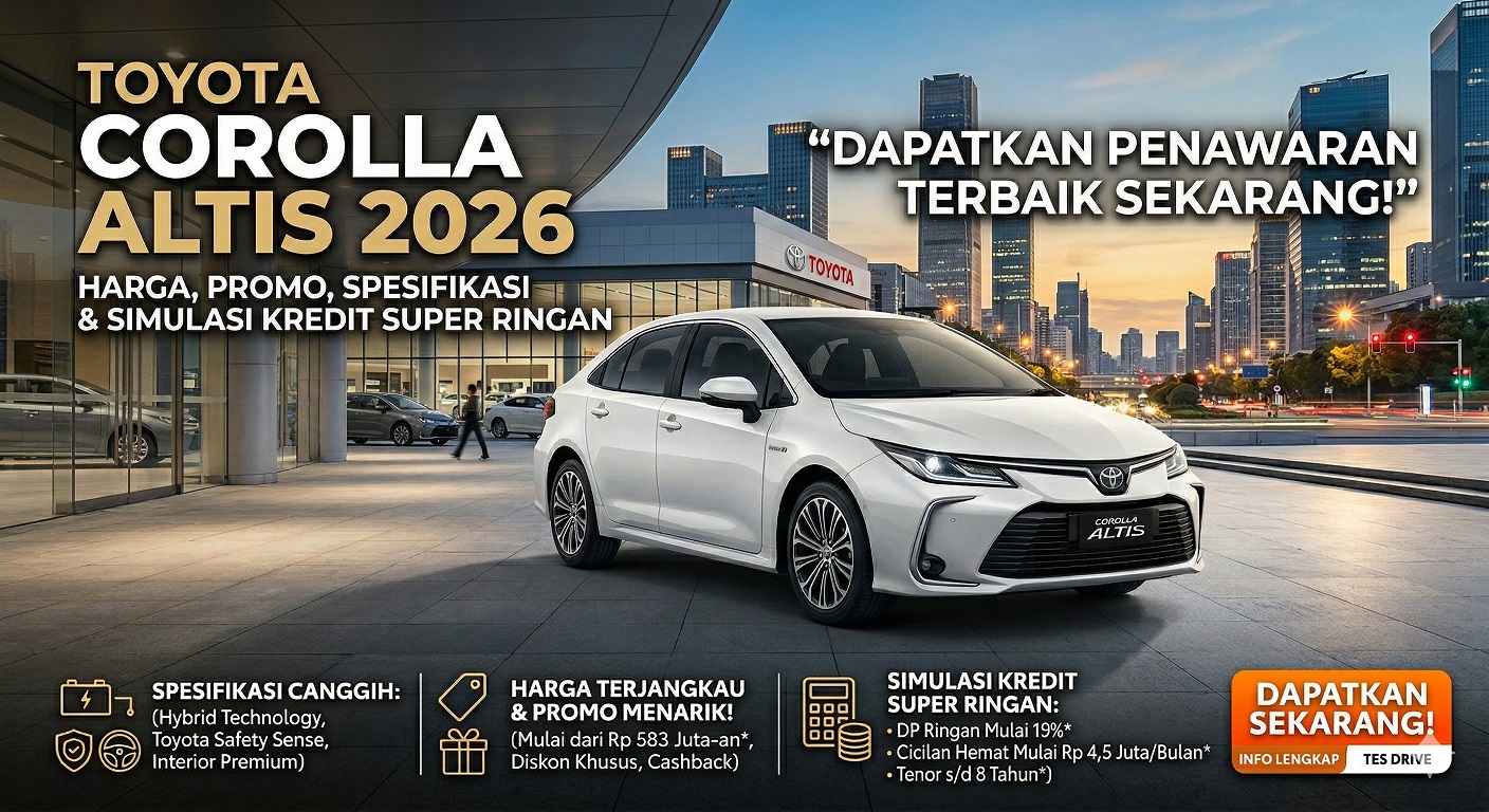 Tampilan elegan Toyota Corolla Altis 2026 terbaru dengan penawaran promo kredit DP rendah dan simulasi cicilan ringan.