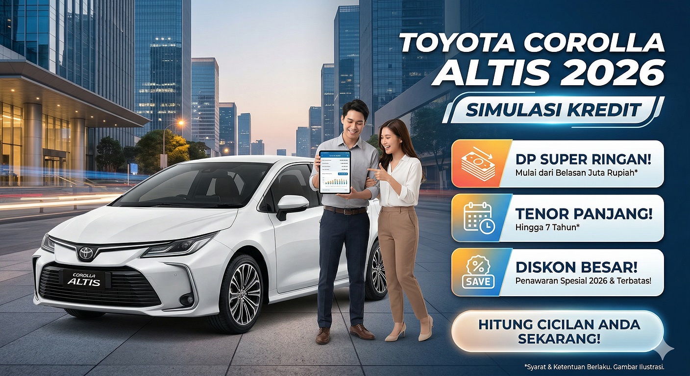 Toyota Corolla Altis Simulasi kredit 2026 dengan rincian DP super ringan, tenor panjang, dan angsuran bulanan terbaru.