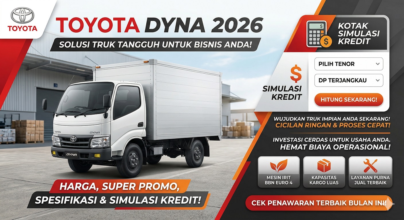 Info harga, spesifikasi, dan Toyota Dyna simulasi kredit 2026 lengkap dengan super promo untuk bisnis Anda.
