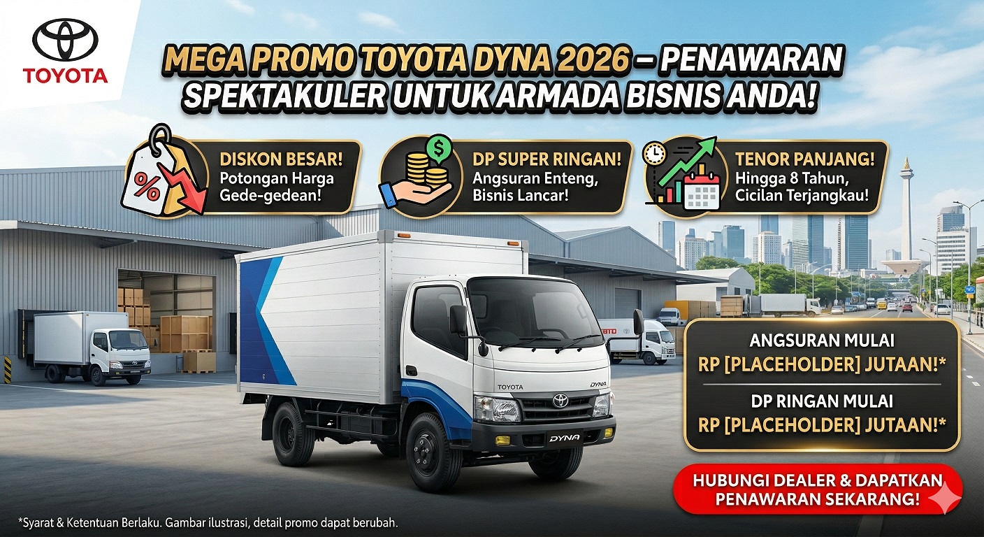Info Toyota Dyna promo 2026 dengan diskon besar, DP super ringan, dan tenor panjang untuk bisnis logistik.