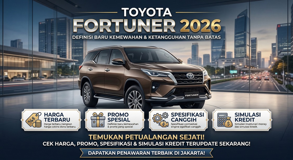 Tampilan eksterior depan Toyota Fortuner 2026 terbaru yang terlihat tangguh dan elegan di jalanan kota.