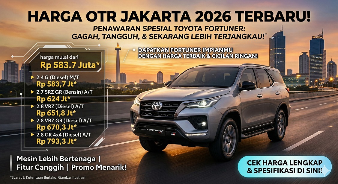 Daftar Toyota Fortuner harga terbaru 2026 OTR Jakarta untuk tipe GR Sport dan VRZ dengan desain eksterior yang mewah.