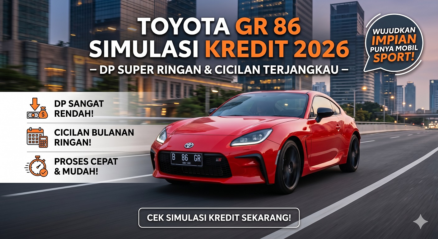 Cek tabel Toyota GR 86 simulasi kredit 2026. Dapatkan sports car idaman dengan DP super ringan dan cicilan terjangkau.