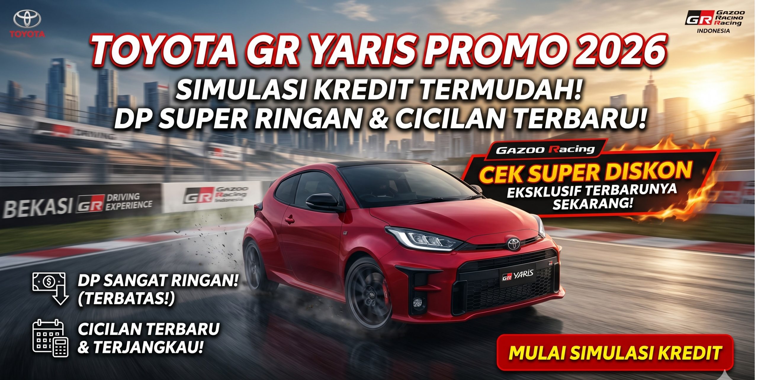 Cek tabel Toyota GR Yaris simulasi kredit 2026. Bawa pulang hot hatch legendaris ini dengan promo DP super ringan bulan ini.