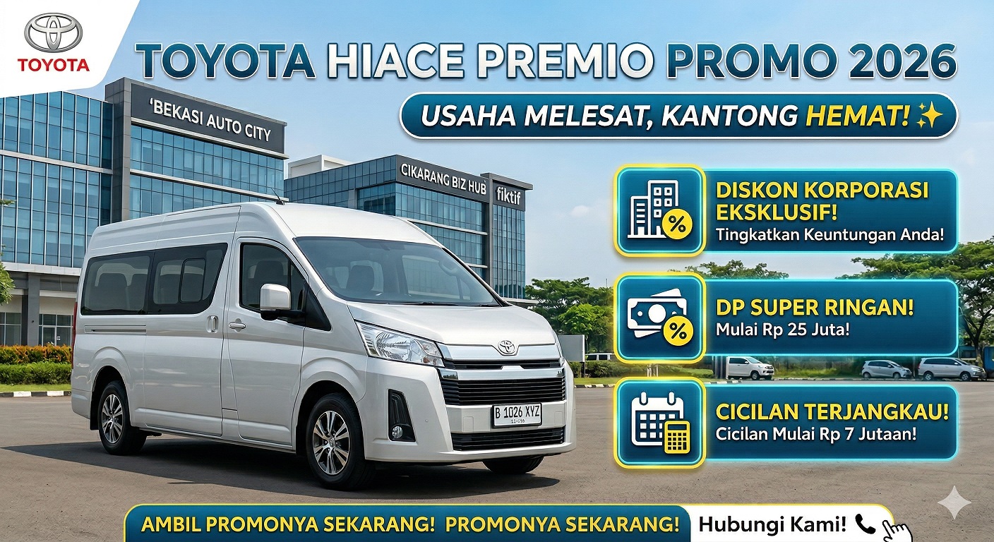 Info Toyota Hiace Premio promo 2026 dengan diskon korporasi, DP super ringan, dan cicilan terjangkau.