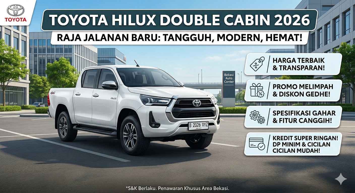Tampilan gagah Toyota Hilux Double Cabin 2026, mobil pick-up 4x4 tangguh dengan spesifikasi dan promo terbaik.