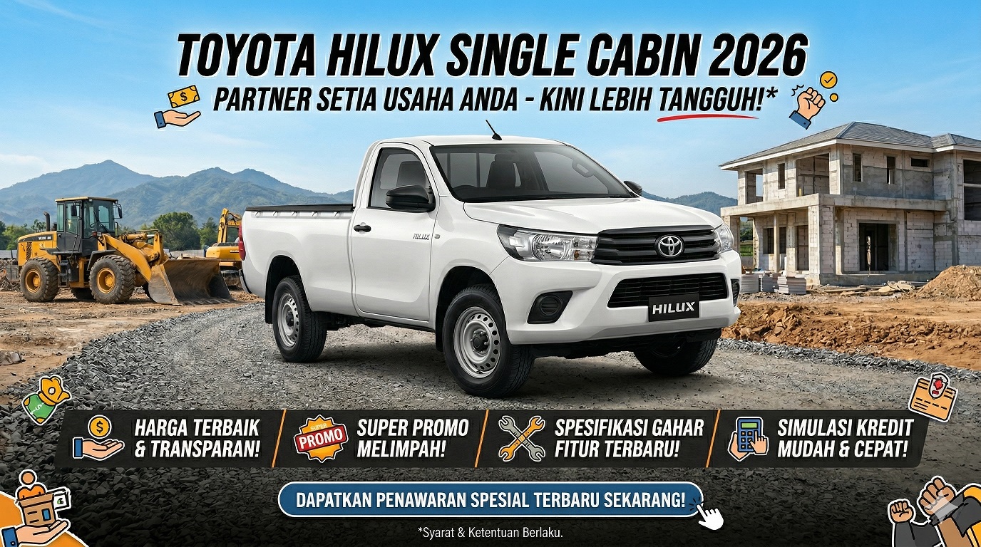 Tampilan gagah Toyota Hilux Single Cabin 2026, mobil pick-up niaga tangguh dengan promo dan spesifikasi terbaik.