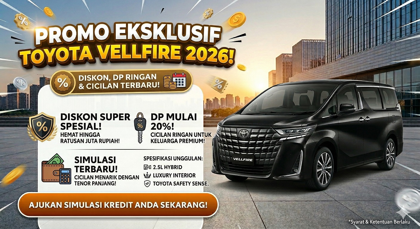 Temukan info Toyota Vellfire 2026. Cek daftar harga, spesifikasi lengkap, super promo, dan simulasi kredit terbaru.