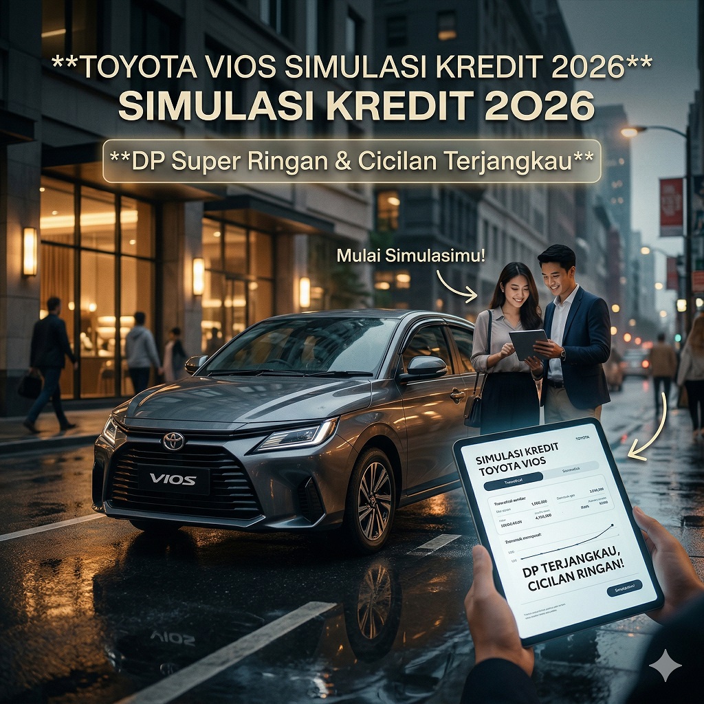Tabel Toyota Vios simulasi kredit 2026 dengan rincian DP mulai 10 persen dan pilihan tenor angsuran bulanan ringan.