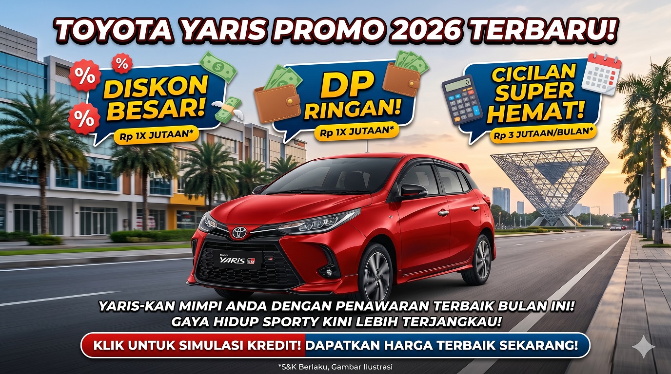 Dapatkan Toyota Yaris promo 2026 terbaru. Nikmati penawaran diskon besar, DP super ringan, dan cicilan hemat bulan ini.